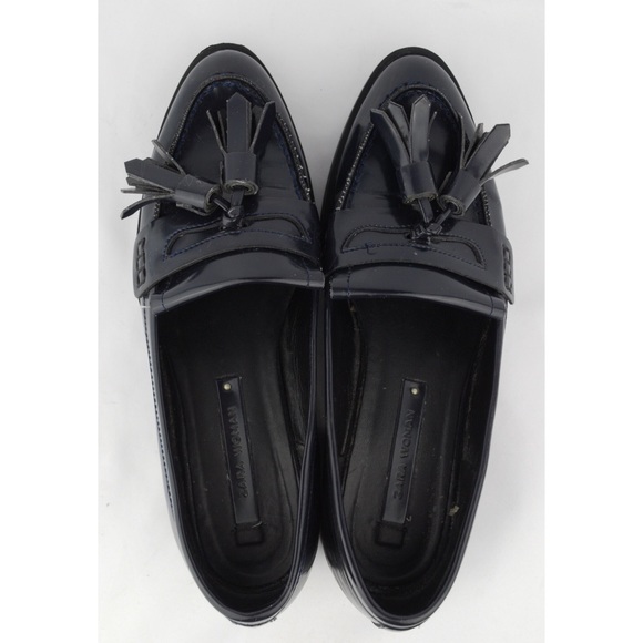 ZARA Women Navy Blue Flats Tassel Penny Loafers - Picture 6 of 8